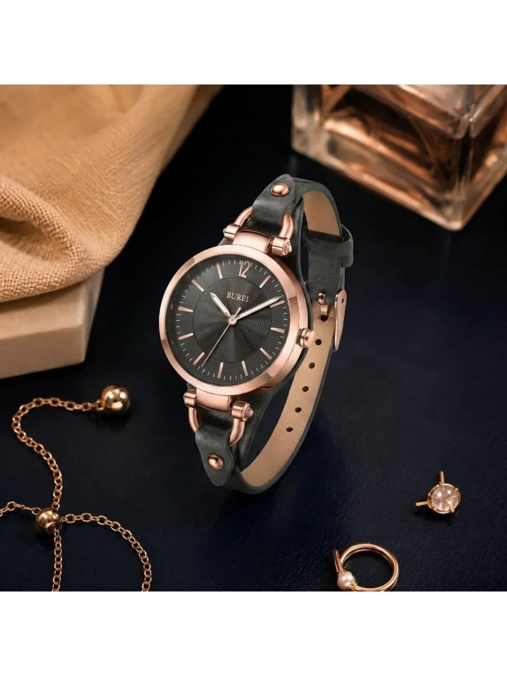 Women's Deep Grey Simple Leather Strap Bracelet Band Analog Quartz Wrist Watches